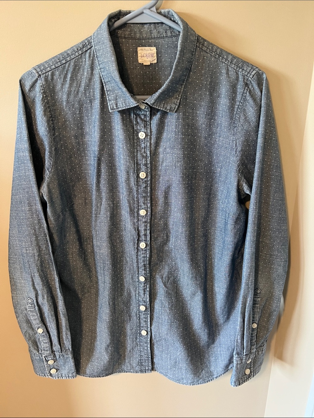 J.Crew "The Perfect Shirt" Blue Chambray Polka Dot Button Down Woman’s Size Med